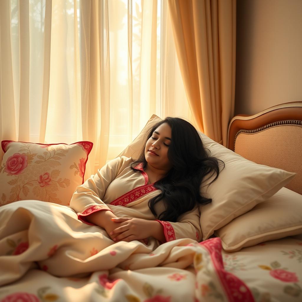 A serene and peaceful scene of an attractive Indian woman (Bhabhi) sleeping comfortably on a soft bed, surrounded by colorful cushions and a cozy blanket