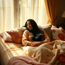 A serene and peaceful scene of an attractive Indian woman (Bhabhi) sleeping comfortably on a soft bed, surrounded by colorful cushions and a cozy blanket