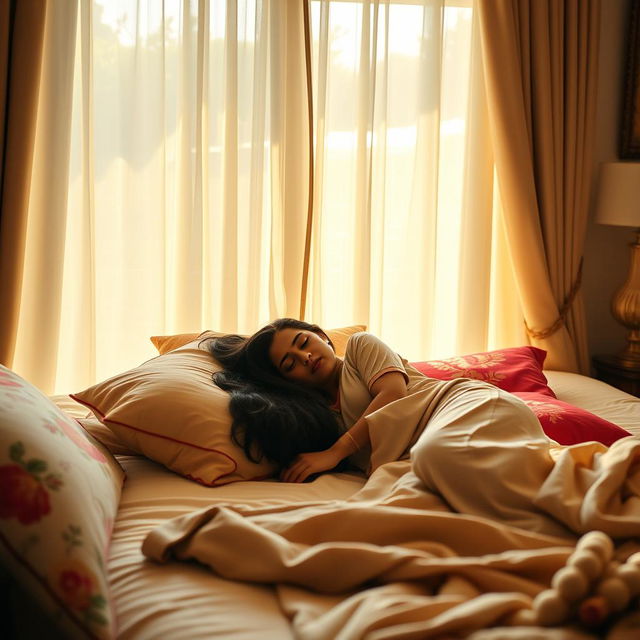 A serene and peaceful scene of an attractive Indian woman (Bhabhi) sleeping comfortably on a soft bed, surrounded by colorful cushions and a cozy blanket