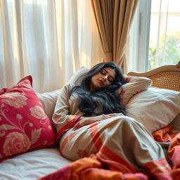 A serene and peaceful scene of an attractive Indian woman (Bhabhi) sleeping comfortably on a soft bed, surrounded by colorful cushions and a cozy blanket