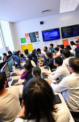 A vibrant classroom filled with students engaged in a computer science lesson