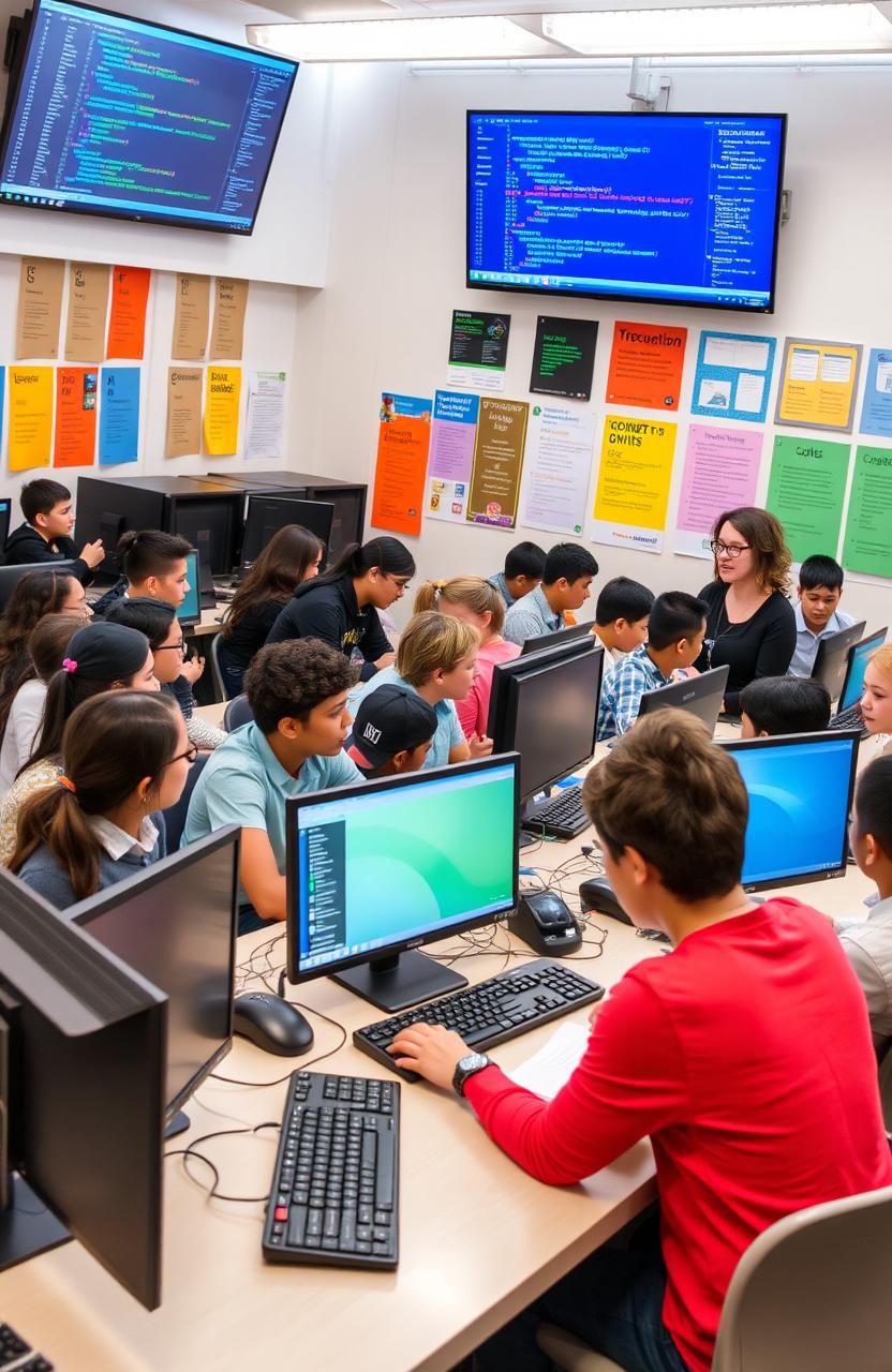 A vibrant classroom filled with students engaged in a computer science lesson