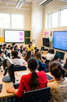 A vibrant classroom filled with students engaged in a computer science lesson