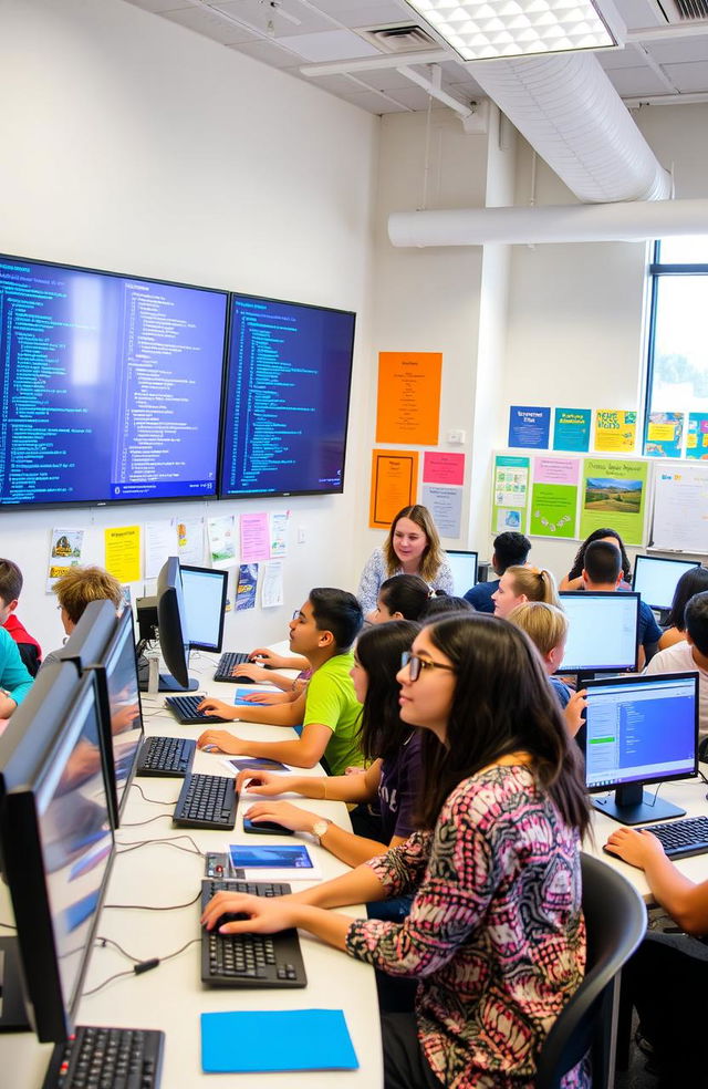 A vibrant classroom filled with students engaged in a computer science lesson