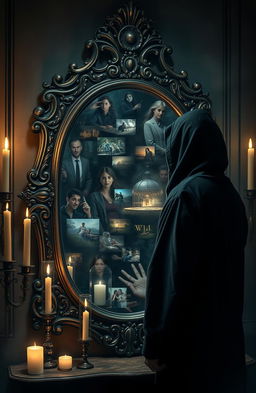 A mysterious figure stands before an ornate antique mirror, gazing intently at the surface