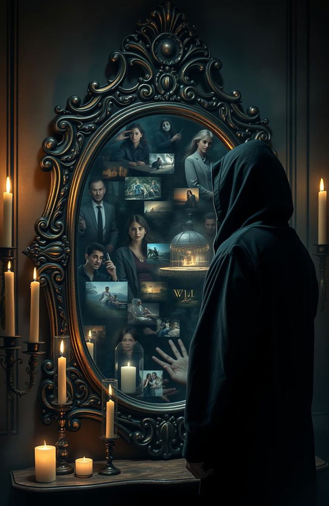 A mysterious figure stands before an ornate antique mirror, gazing intently at the surface