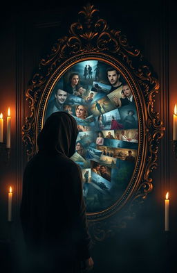 A mysterious figure stands before an ornate antique mirror, gazing intently at the surface