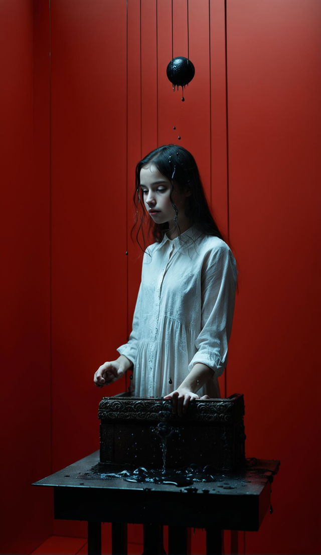 Albino teenage girl in white dress opens Pandora’s box in a minimalist red room. It rains black water droplets that stain her hair and clothes. Low light, raw unedited photograph.