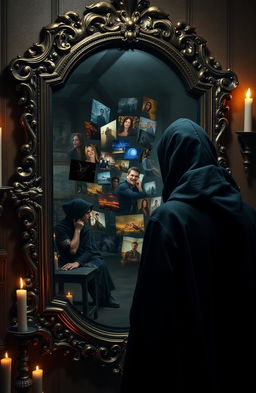 A mysterious figure stands before an ornate antique mirror, gazing intently at the surface