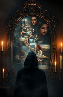 A mysterious figure stands before an ornate antique mirror, gazing intently at the surface