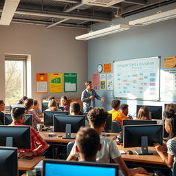 A vibrant classroom scene depicting a Computer Science Education (CSE) class in progress