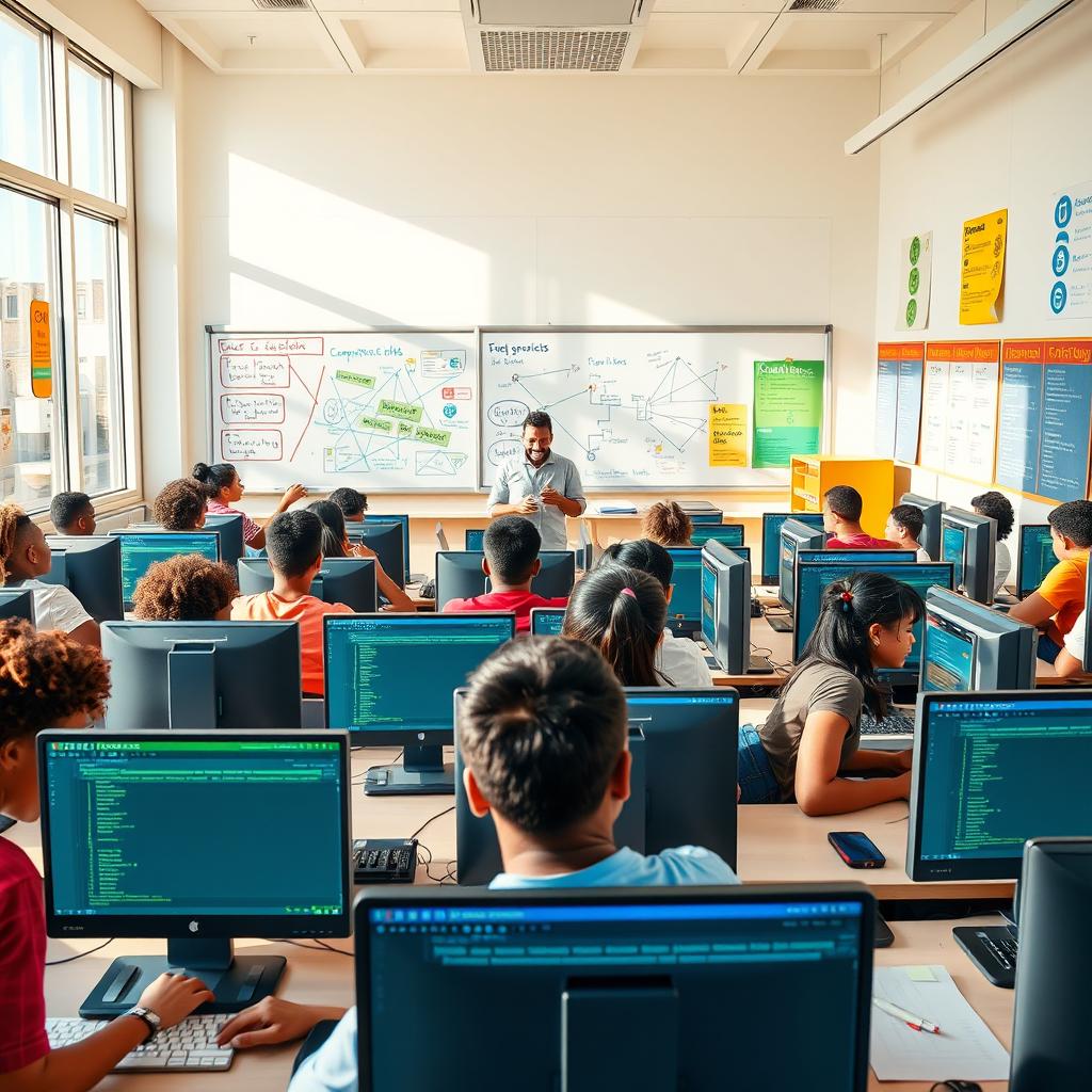 A vibrant classroom scene depicting a Computer Science Education (CSE) class in progress