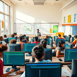 A vibrant classroom scene depicting a Computer Science Education (CSE) class in progress