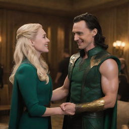 Loki, the god of mischief from Marvel universe, gleefully meeting a petite, blonde woman. They are in a lavish Asgardian setting and the atmosphere is cordial and vibrant.