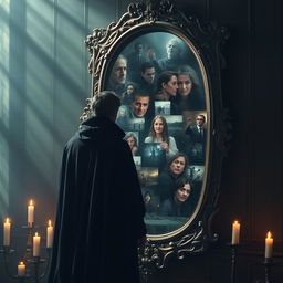 A mysterious figure stands before an ornate antique mirror, gazing deeply into its surface