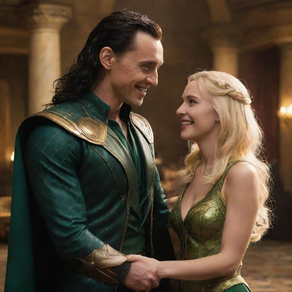 Loki, the god of mischief from Marvel universe, gleefully meeting a petite, blonde woman. They are in a lavish Asgardian setting and the atmosphere is cordial and vibrant.