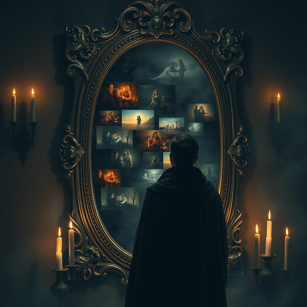 A mysterious figure stands before an ornate antique mirror, gazing deeply into its surface