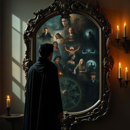 A mysterious figure stands before an ornate antique mirror, gazing deeply into its surface