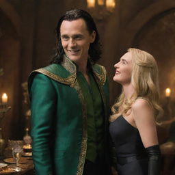 Loki, the god of mischief from Marvel universe, gleefully meeting a petite, blonde woman. They are in a lavish Asgardian setting and the atmosphere is cordial and vibrant.