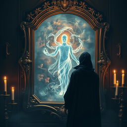 A mysterious figure stands before a beautifully ornate ancient mirror, deeply focused on its surface