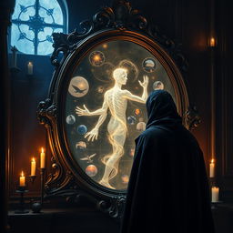 A mysterious figure stands before a beautifully ornate ancient mirror, deeply focused on its surface