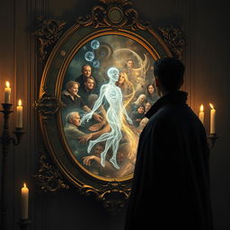 A mysterious figure stands before a beautifully ornate ancient mirror, deeply focused on its surface