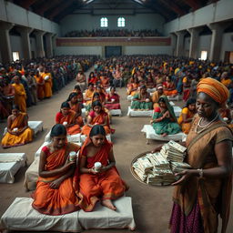 Ten sad dusky young Indian women in colorful sarees, each holding a jar of Vaseline, sitting on ten beds placed throughout a spacious large hall