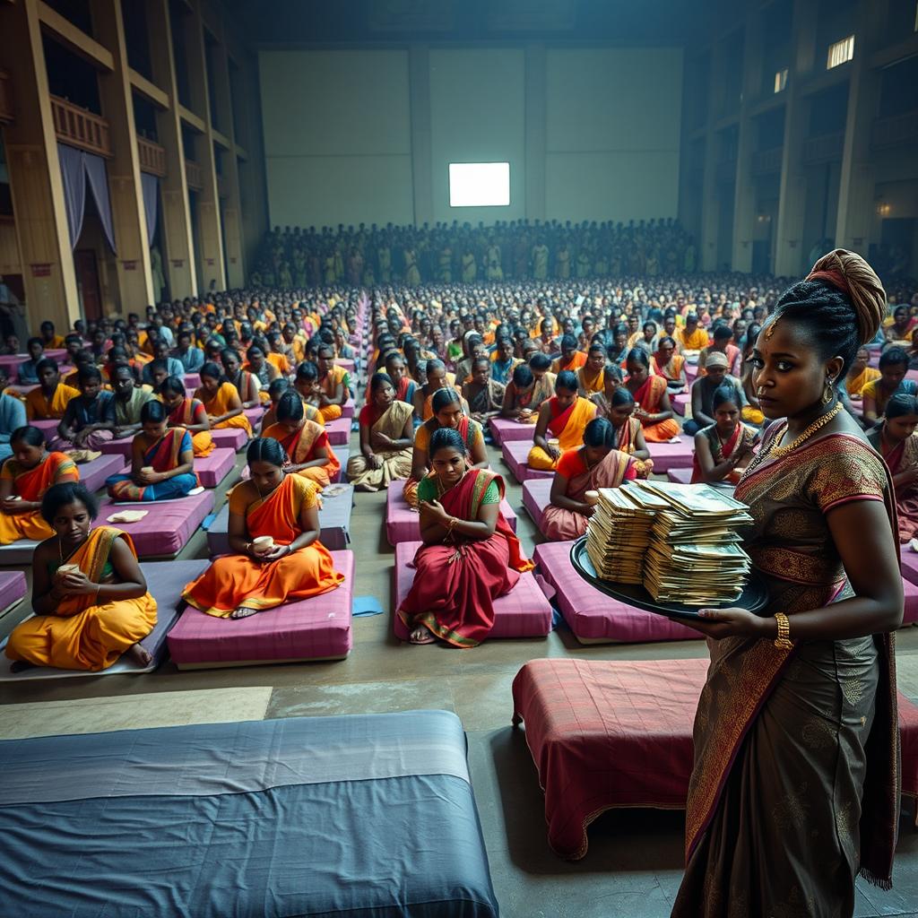 Ten sad dusky young Indian women in colorful sarees, each holding a jar of Vaseline, sitting on ten beds placed throughout a spacious large hall