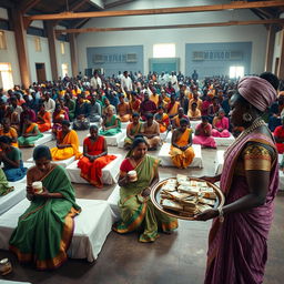 Ten sad dusky young Indian women in colorful sarees, each holding a jar of Vaseline, sitting on ten beds placed throughout a spacious large hall
