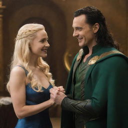 Loki, the god of mischief from Marvel universe, gleefully meeting a petite, blonde woman. They are in a lavish Asgardian setting and the atmosphere is cordial and vibrant.