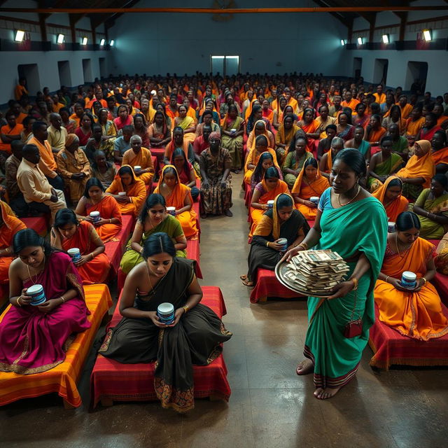 Ten sad dusky young Indian women in colorful sarees, each holding a jar of Vaseline, sitting on ten beds placed throughout a spacious large hall