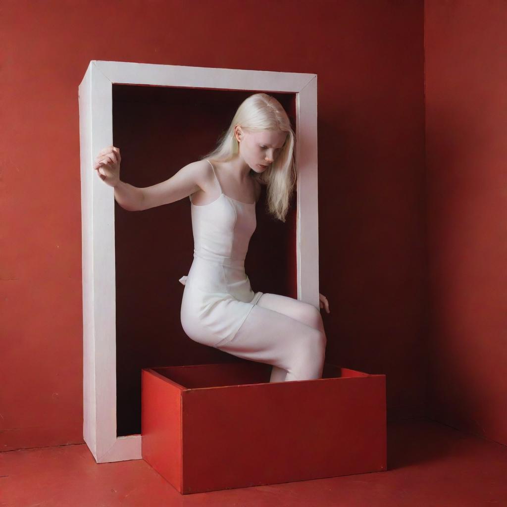 Albino teenage girl in simple white dress climbs out of Pandora’s box in a minimalist all-red room. Side head view, raw unedited photograph in low light settings with high detail.