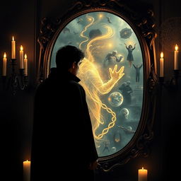 A mysterious figure stands in front of an ornate, antique mirror, his gaze intense and introspective