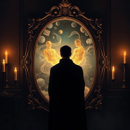 A mysterious figure stands in front of an ornate, antique mirror, his gaze intense and introspective