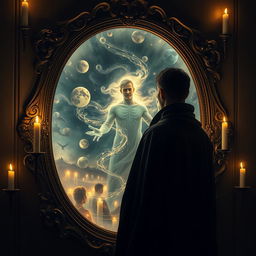 A mysterious figure stands in front of an ornate, antique mirror, his gaze intense and introspective