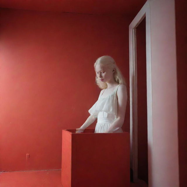 Albino teenage girl in simple white dress climbs out of Pandora’s box in a minimalist all-red room. Side head view, raw unedited photograph in low light settings with high detail.