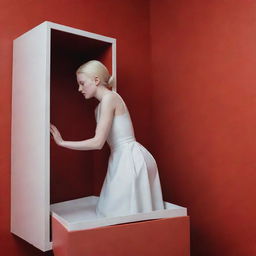 Albino teenage girl in simple white dress climbs out of Pandora’s box in a minimalist all-red room. Side head view, raw unedited photograph in low light settings with high detail.