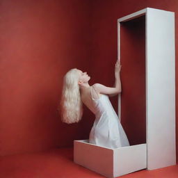 Albino teenage girl in simple white dress climbs out of Pandora’s box in a minimalist all-red room. Side head view, raw unedited photograph in low light settings with high detail.