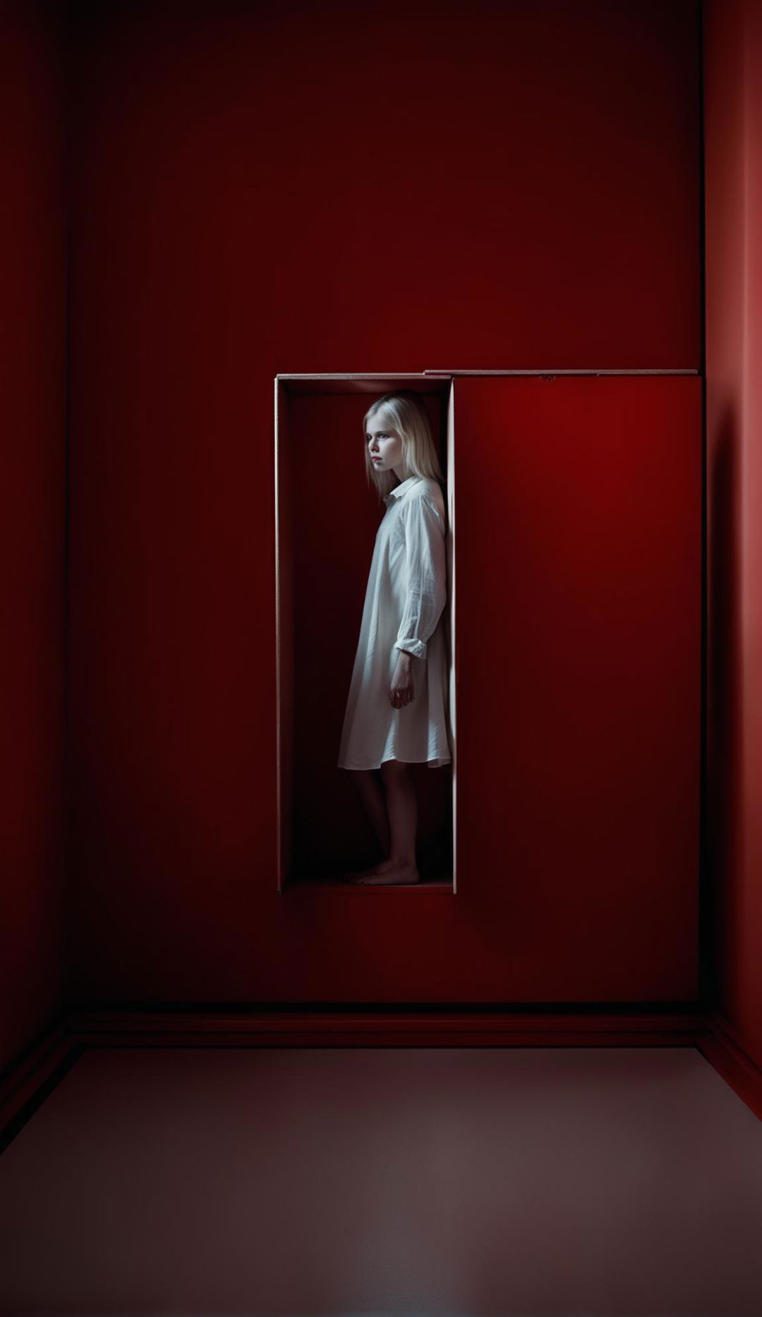 Albino teenage girl in white dress climbs out of Pandora’s box in a minimalist all-red room. Raw unedited photograph in low light settings with high detail.