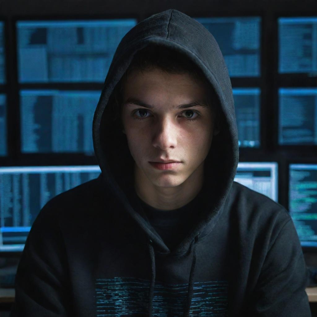 A 23-year-old boy with a hacker-like appearance, wearing a hoodie, surrounded by multiple computer screens with lines of codes on them, in a dimly lit room.