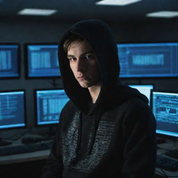 A 23-year-old boy with a hacker-like appearance, wearing a hoodie, surrounded by multiple computer screens with lines of codes on them, in a dimly lit room.