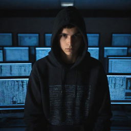 A 23-year-old boy with a hacker-like appearance, wearing a hoodie, surrounded by multiple computer screens with lines of codes on them, in a dimly lit room.