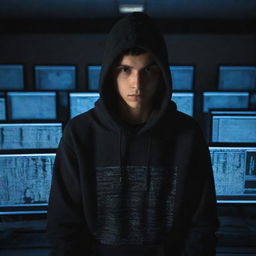 A 23-year-old boy with a hacker-like appearance, wearing a hoodie, surrounded by multiple computer screens with lines of codes on them, in a dimly lit room.