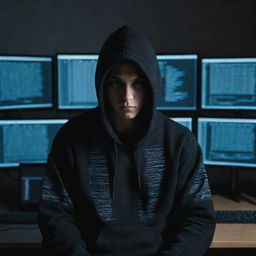 A 23-year-old boy with a hacker-like appearance, wearing a hoodie, surrounded by multiple computer screens with lines of codes on them, in a dimly lit room.