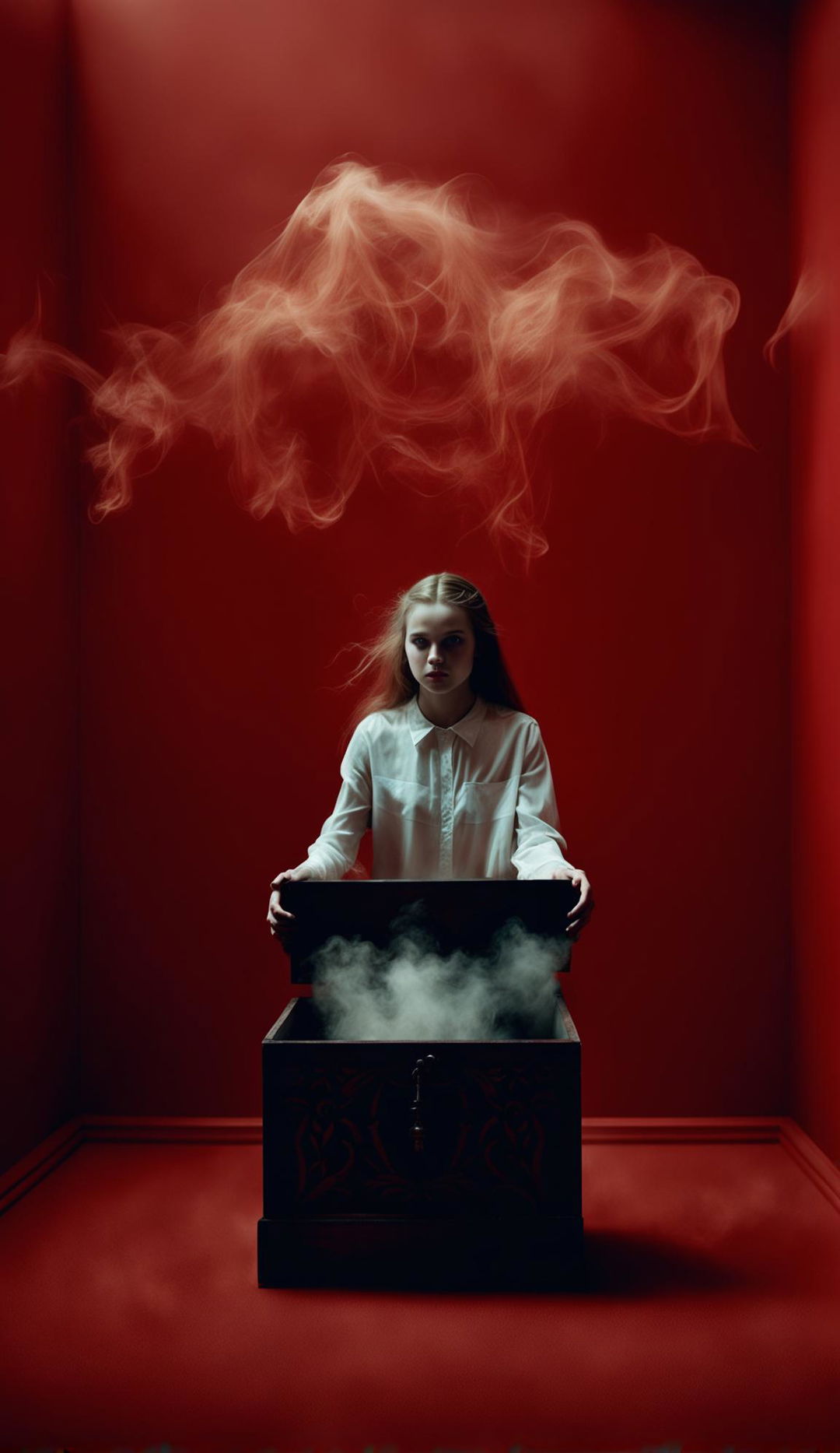 Albino teenage girl in white dress climbs out of an opened, intricately carved black Pandora’s box in a minimalist all-red room, surrounded by smoke. Raw unedited photograph in low light settings with high detail.