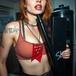 A close-up torso shot of a sexy female redhead with a large chest wearing a tank top adorned with punk-style chains