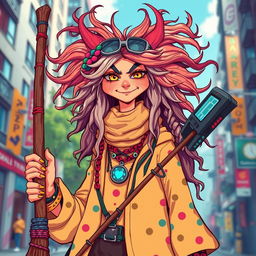 A modern interpretation of Baba Yaga, depicted in a stylish and contemporary outfit