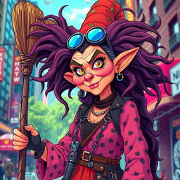 A modern interpretation of Baba Yaga, depicted in a stylish and contemporary outfit