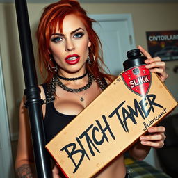 A close-up shot of a sexy female redhead with a large chest in a tank top adorned with punk chains