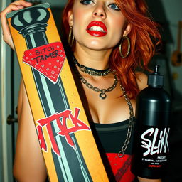 A close-up shot of a sexy female redhead with a large chest in a tank top adorned with punk chains